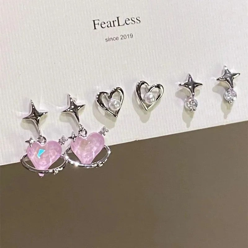 Sweet Cool Heart Zircon Six-Piece Earrings Set
