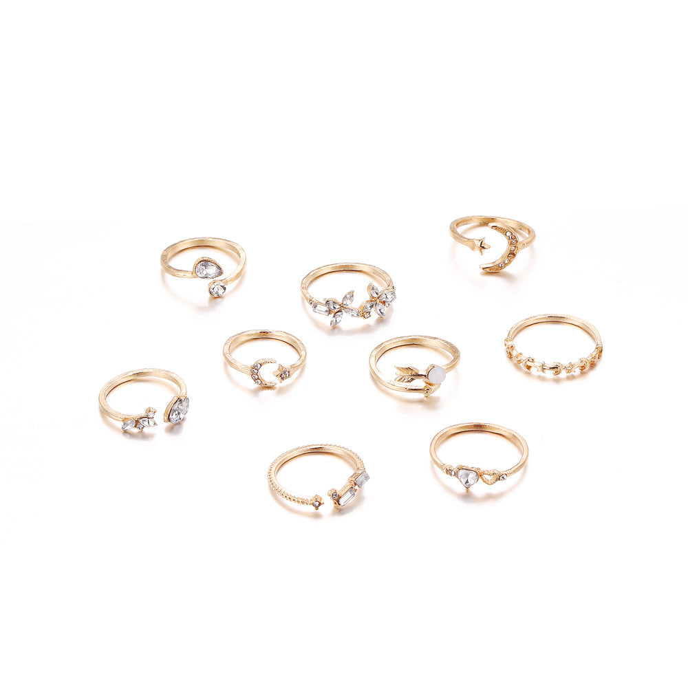 Alloy Heart Butterfly Star Moon Rings Set for Women