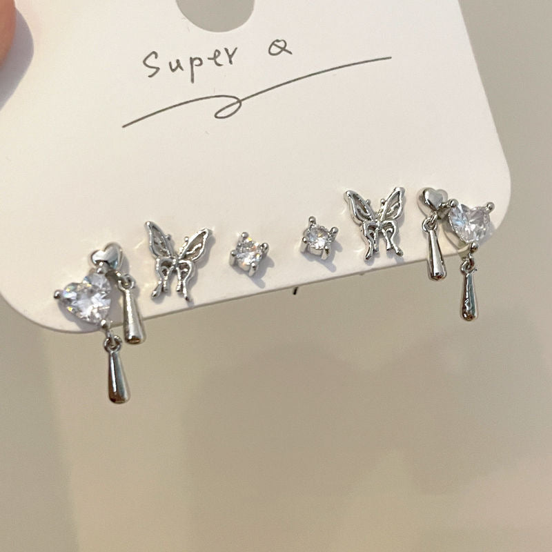 Sweet Cool Heart Zircon Six-Piece Earrings Set
