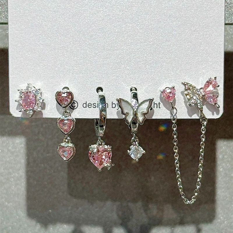 Sweet Cool Heart Zircon Six-Piece Earrings Set